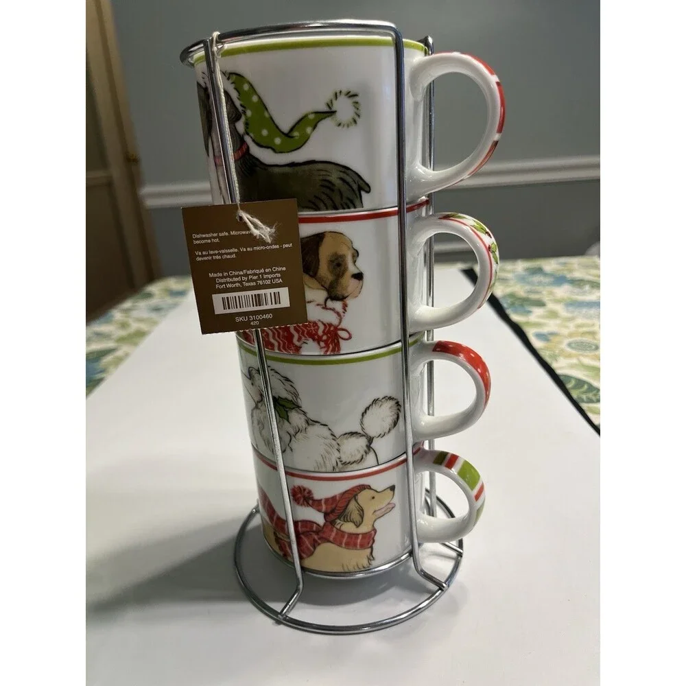 Pier 1 One Christmas Pup Dogs Stacking Mugs Stand Stoneware Holiday Cups